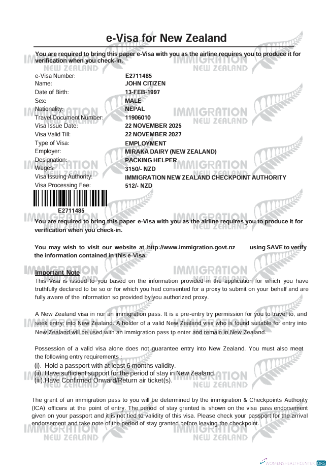 Download New Zealand e visa template in Word and PDF formats, version 2 Photoshop template